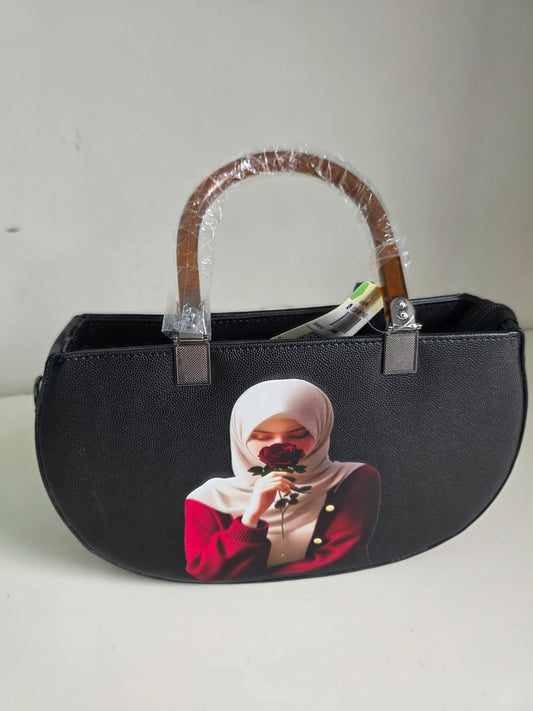 Black Canvas Handbag with Portrait Art Print