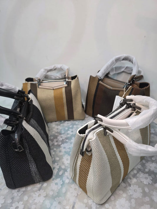 Striped Woven Tote Bag with Leaf Charm