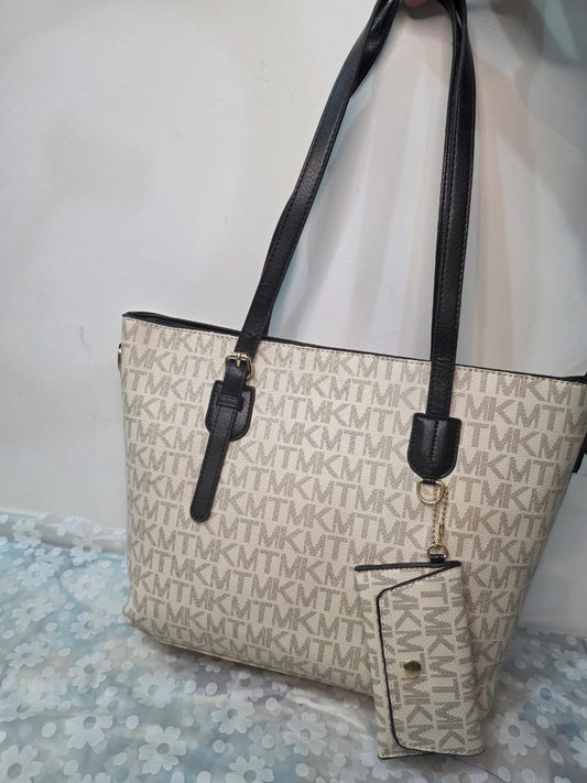 Cream Logo Print Tote Bag with Wallet Set