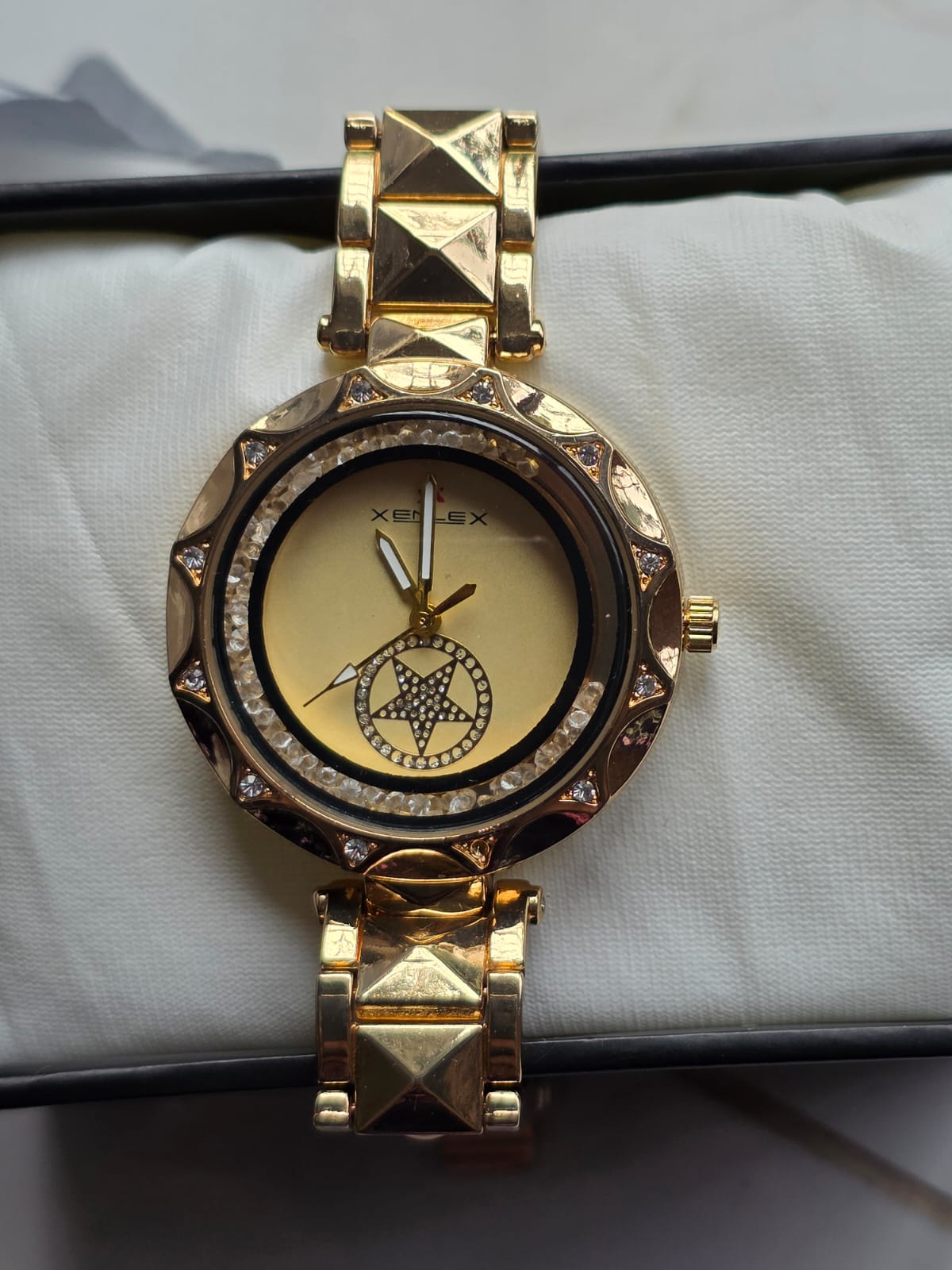 Luxurious XENEX Gold Watch with Star Crystal Motif & Pyramid Bracelet