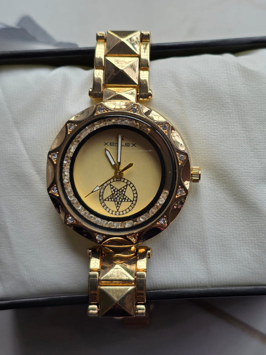 Luxurious XENEX Gold Watch with Star Crystal Motif & Pyramid Bracelet