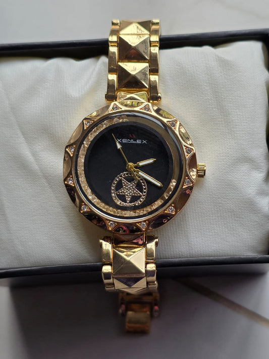 Luxurious XENLEX Gold Watch with Star Crystal Motif & Pyramid Studded Bracelet