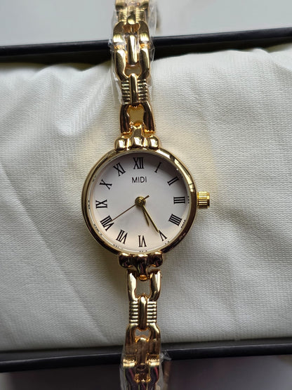 Classic MIDI Gold Watch with Roman Numerals & Elegant Chain Bracelet