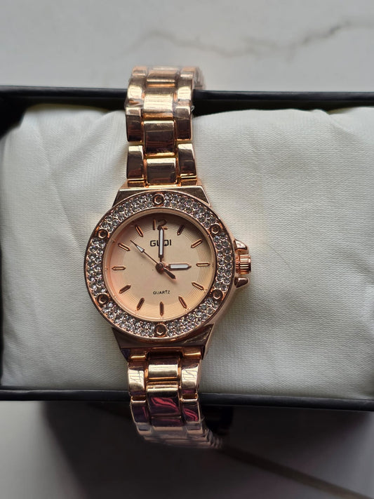 Elegant GUDI Rose Gold Watch with Crystal Bezel & Champagne Dial