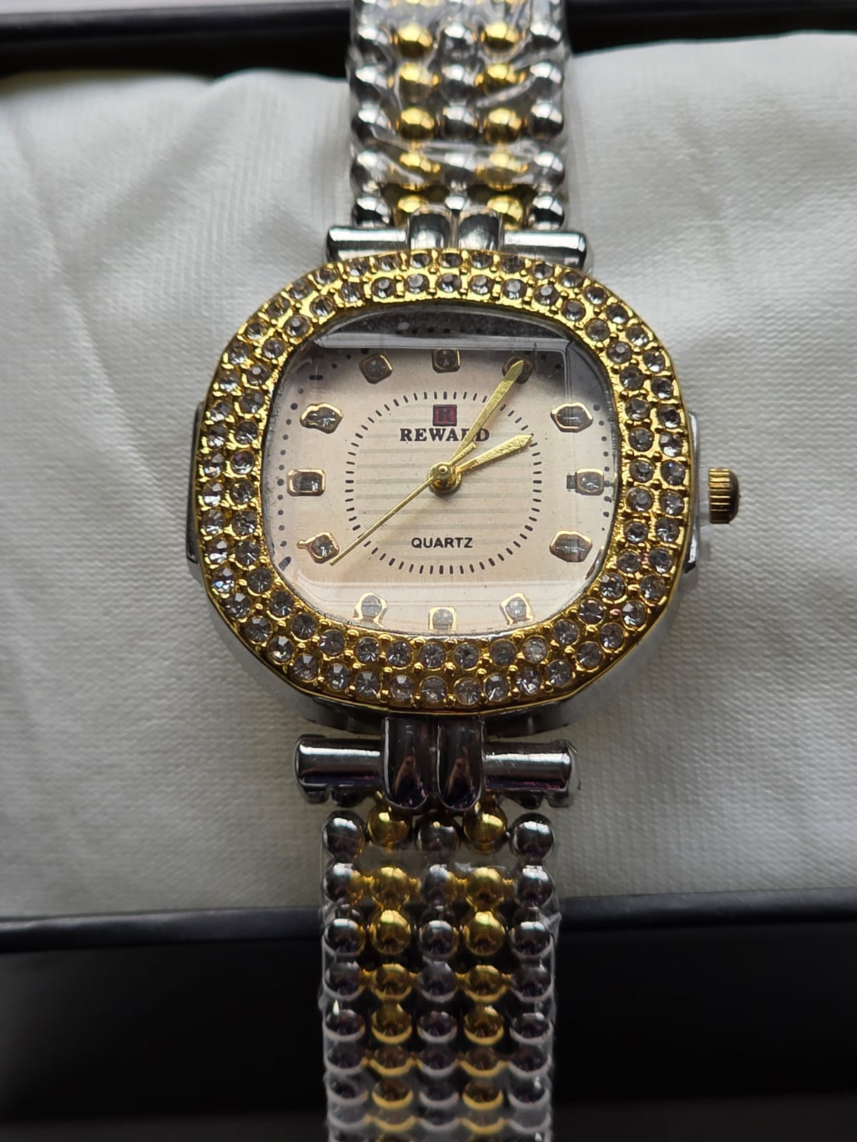 Elegant Reward Two-Tone Cushion Watch with Crystal Bezel & Beaded Bracelet