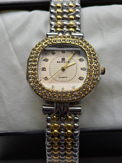 Elegant Reward Two-Tone Cushion Watch with Crystal Bezel & Beaded Bracelet