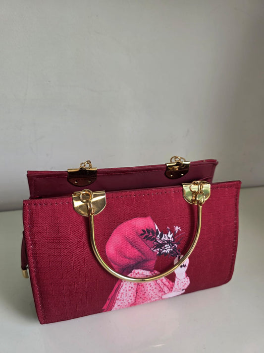 Lucibella Artistic red Canvas Handbag with Gold Hardware