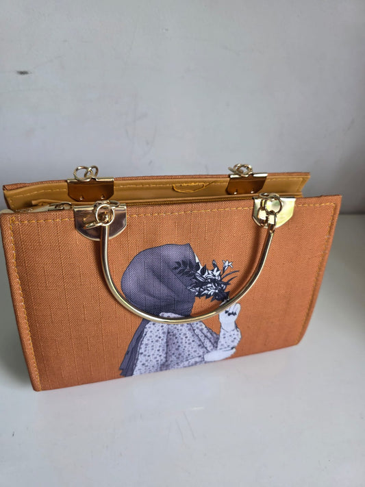 Lucibella Artistic orange Canvas Handbag with Gold Hardware