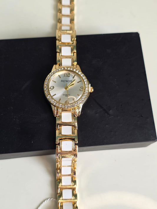 RENOS Luxury Gold Crystal Watch - White Ceramic & Gold-Tone Women's Designer Timepiece