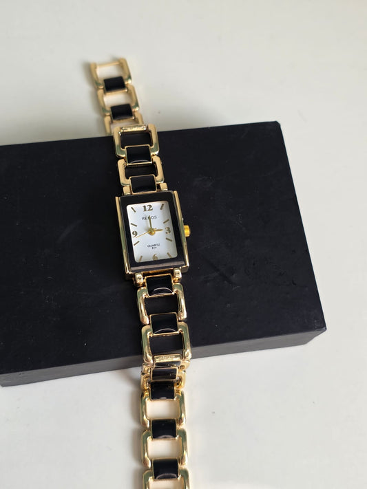 RENOS Rectangular Gold Watch - Two-Tone Black & Gold Women's Designer Bracelet Timepiece