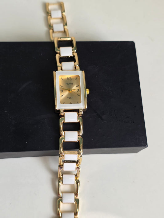 RENOS Rectangular Gold Watch - Two-Tone White & Gold Women's Luxury Timepiece