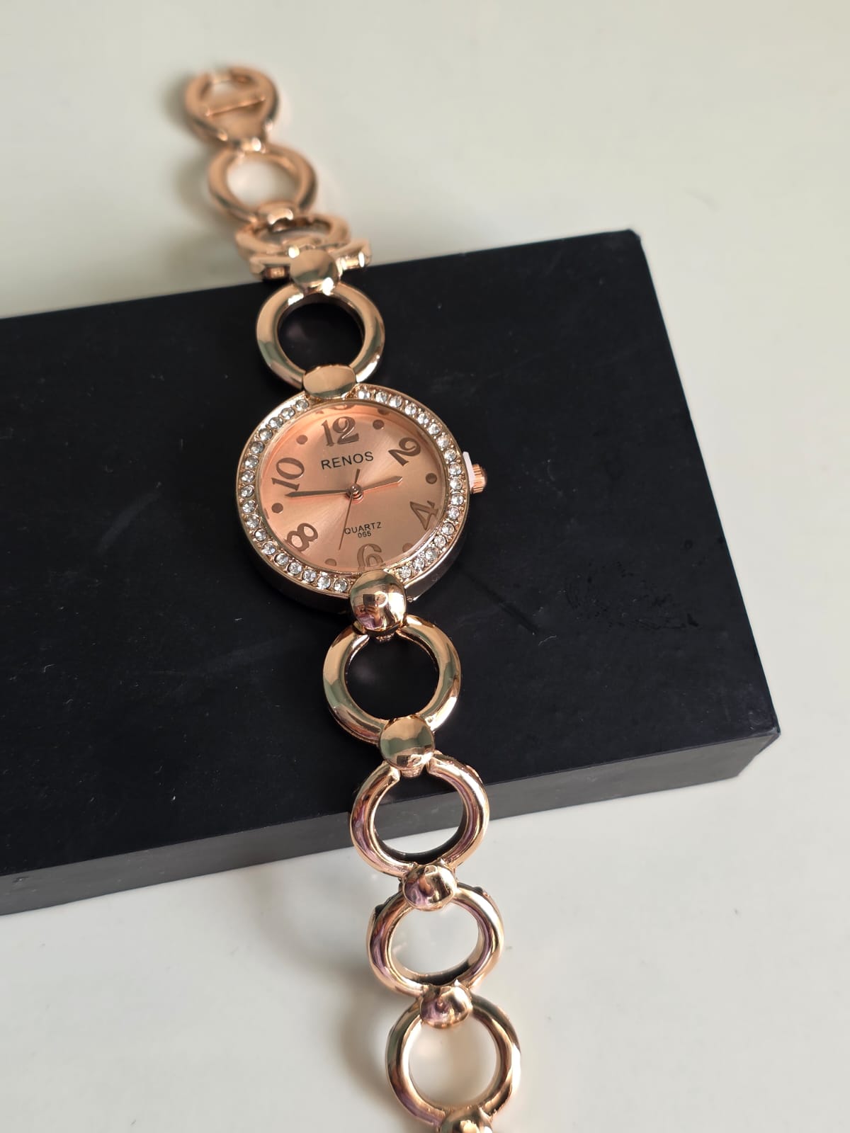 Pink  RENOS Elegant Crystal Bracelet Watch - Gold Tone Women's Quartz Timepiece