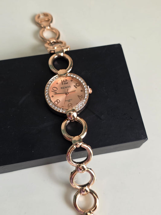 Pink  RENOS Elegant Crystal Bracelet Watch - Gold Tone Women's Quartz Timepiece