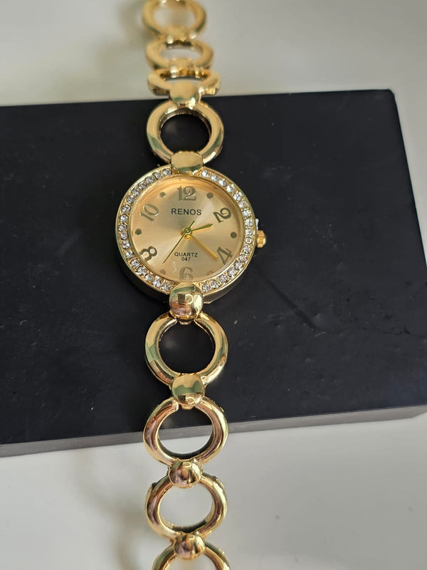 RENOS Elegant Crystal Bracelet Watch - Gold Tone Women's Quartz Timepiece