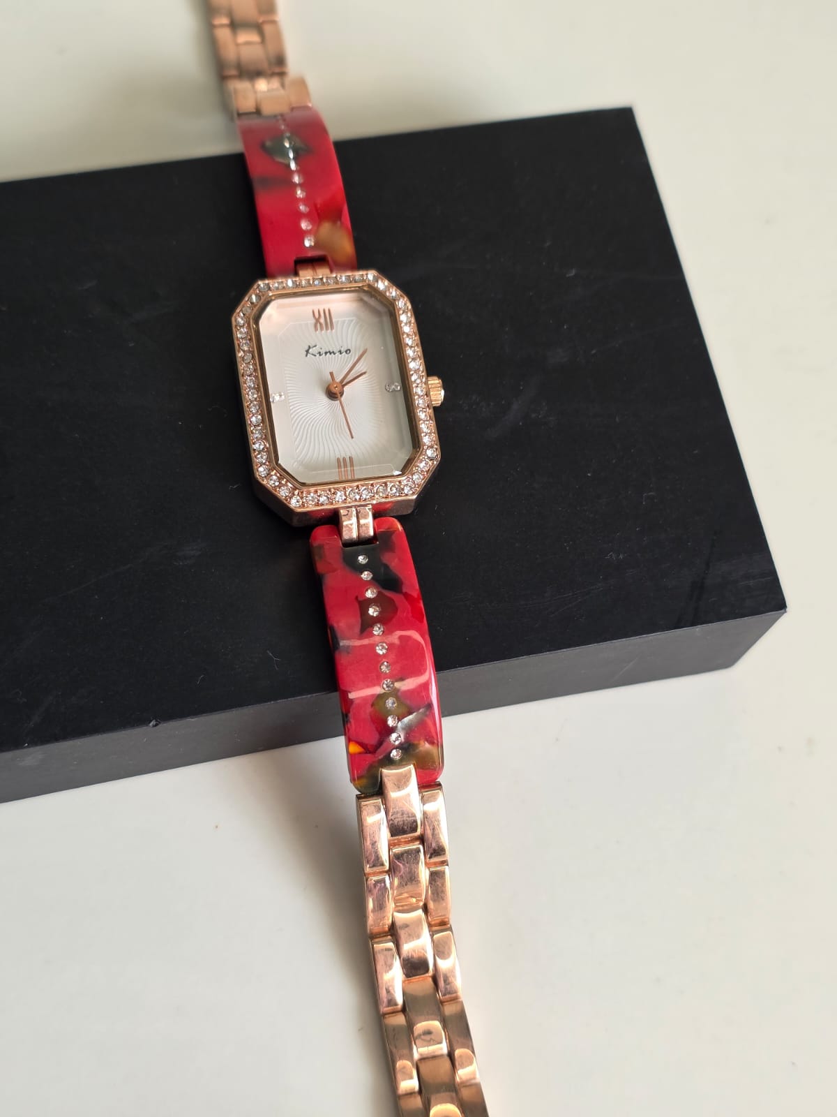 Kimio Luxury Crystal Watch - Red Resin Strap Rose Gold Women's Designer Timepiece