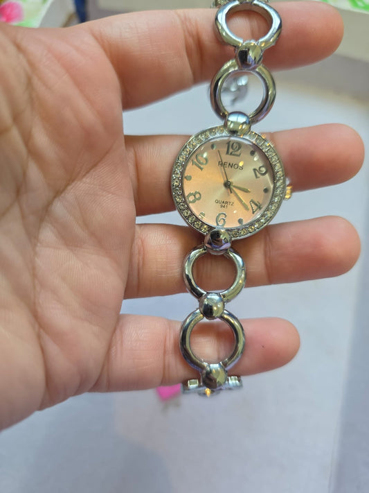 RENOS Elegant Crystal Bracelet Watch - Gold Tone Women's Quartz Timepiece