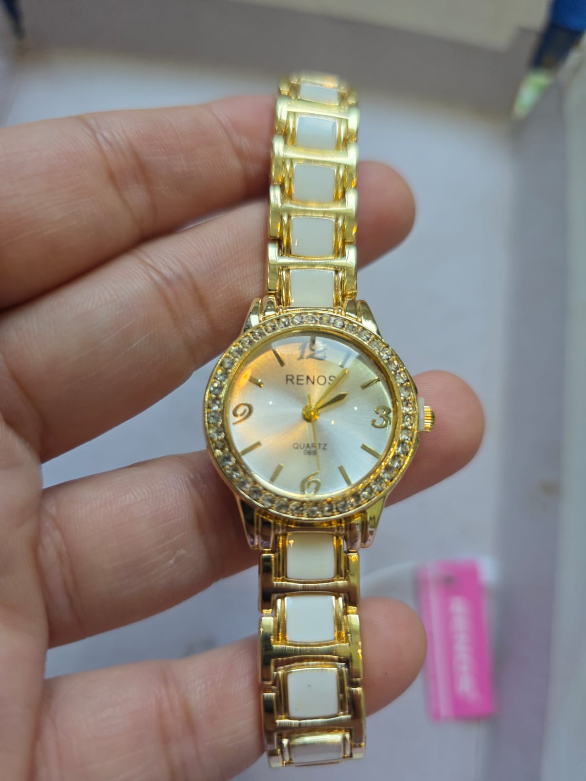 RENOS Luxury Gold Crystal Watch - White Ceramic & Gold-Tone Women's Designer Timepiece