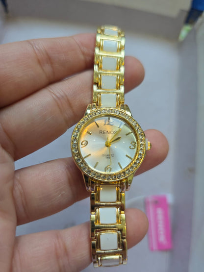 RENOS Luxury Gold Crystal Watch - White Ceramic & Gold-Tone Women's Designer Timepiece