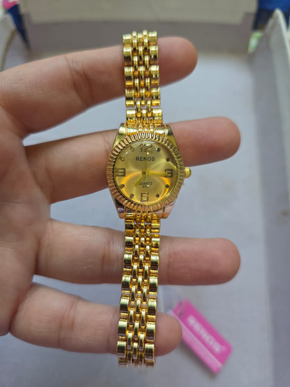 RENOS Classic Gold Watch - Fluted Bezel Multi-Link Women's Luxury Timepiece