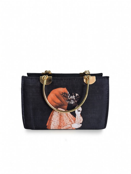 Lucibella Artistic black Canvas Handbag with Gold Hardware