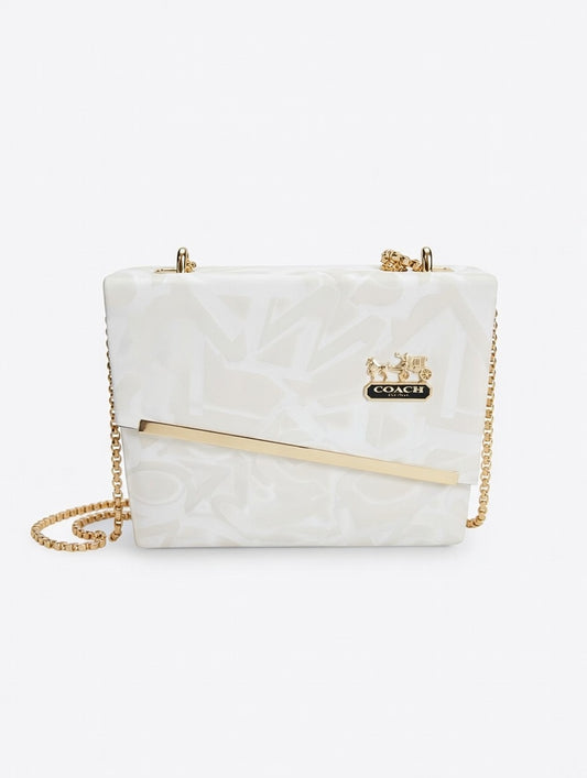 White Floral Pattern Clutch Bag with Gold Chain