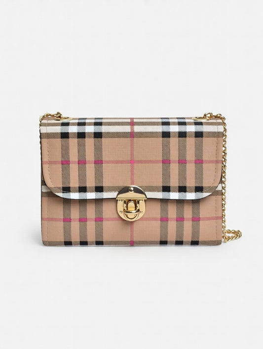 Classic Plaid Handbag with Gold Chain Strap
