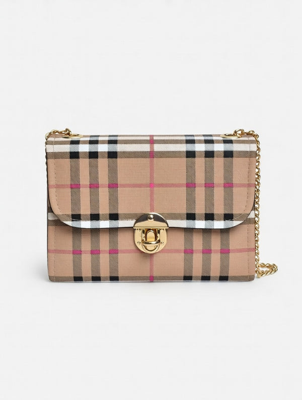 Classic Plaid Handbag with Gold Chain Strap