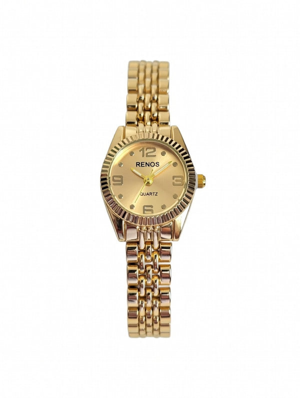 RENOS Classic Gold Watch - Fluted Bezel Multi-Link Women's Luxury Timepiece