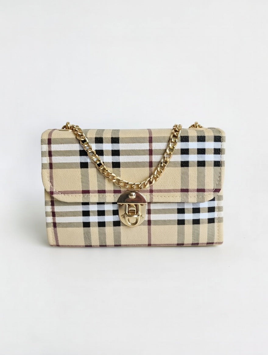 lassic Plaid Check Pattern Handbag with Gold Chain