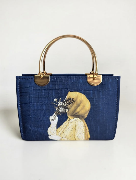Lucibella Artistic blue Canvas Handbag with Gold Hardware