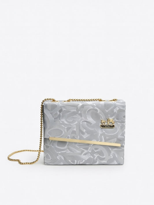 Grey Floral Pattern Clutch Bag with Gold Chain