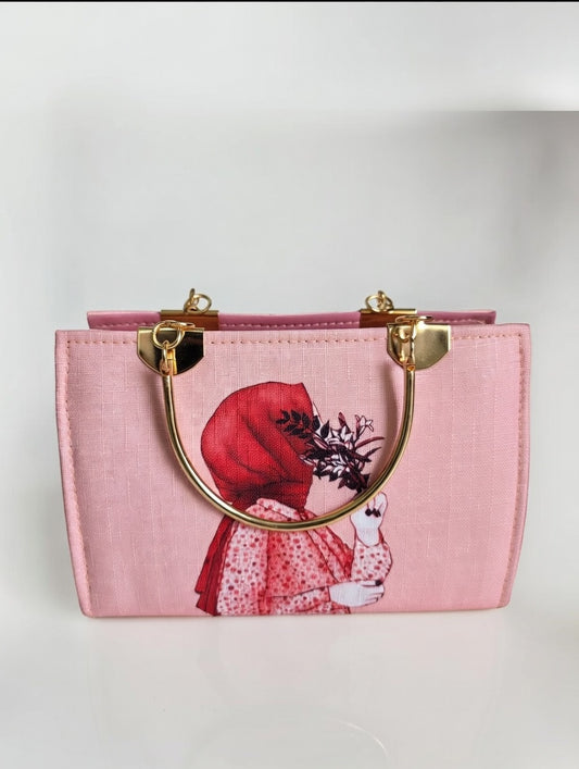 Lucibella Artistic Pink Canvas Handbag with Gold Hardware