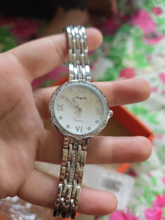 Elegant Silver Angeli Watch with Sunburst Dial & Crystal Bezel - Premium Timepiece