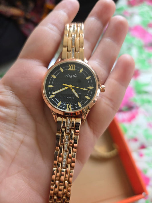 Premium Rose Gold Watch with Textured Black Dial - Angeli Quartz