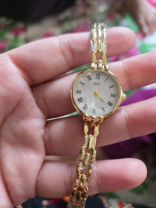 Classic MIDI Gold Watch with Roman Numerals & Elegant Chain Bracelet