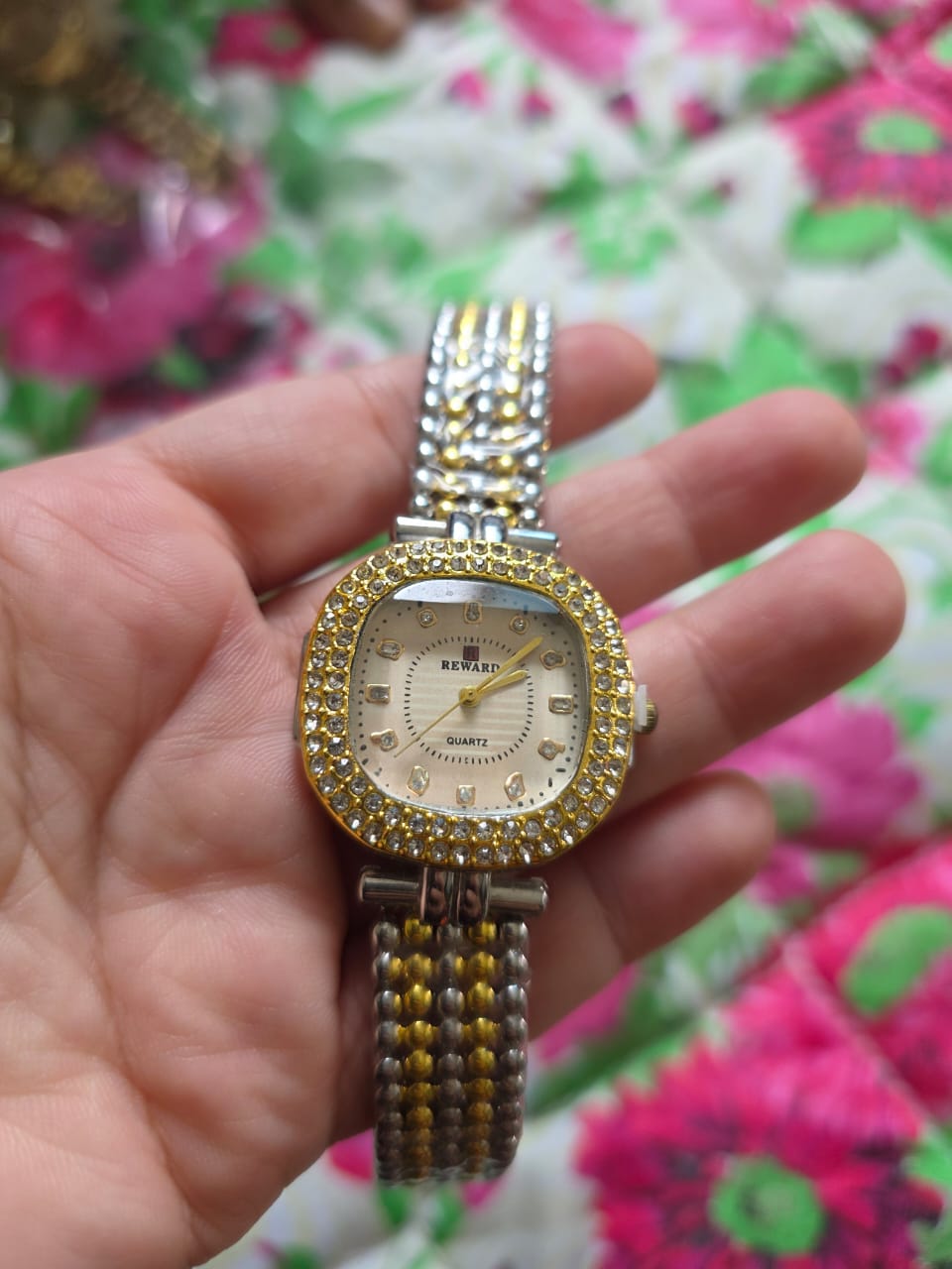 Elegant Reward Two-Tone Cushion Watch with Crystal Bezel & Beaded Bracelet