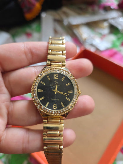 Elegant Gold Crystal Life Watch with Black Dial - Premium Quartz Timepiece