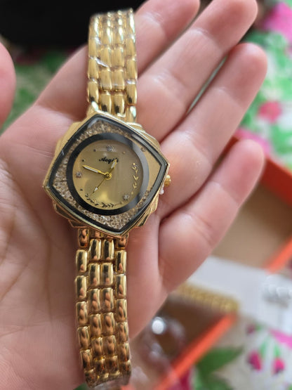 Stunning Gold Octagonal Watch with Floating Crystals - Angeli Designer Timepiece