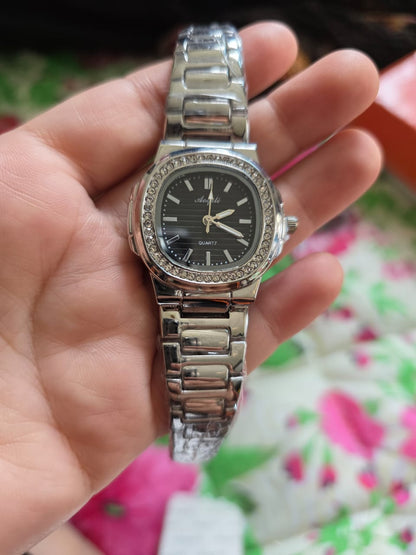 Premium Silver Cushion-Shaped Watch with Crystal Bezel - Angeli Designer Timepiece