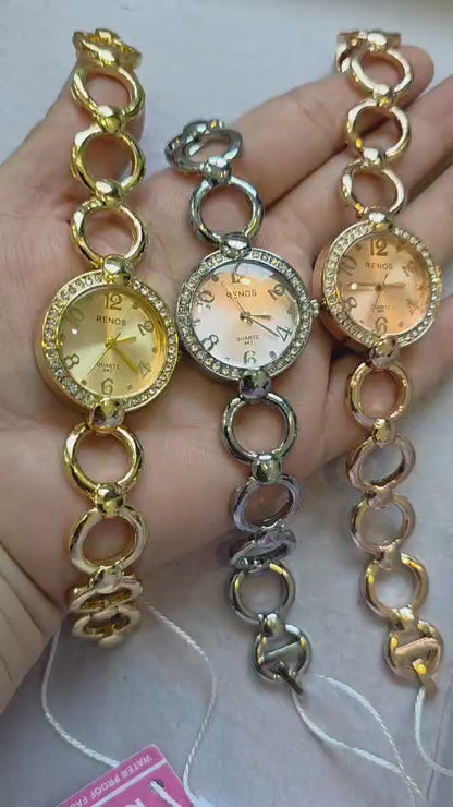 RENOS Elegant Crystal Bracelet Watch - Gold Tone Women's Quartz Timepiece
