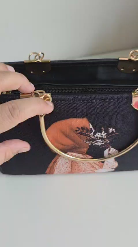 Lucibella Artistic black Canvas Handbag with Gold Hardware