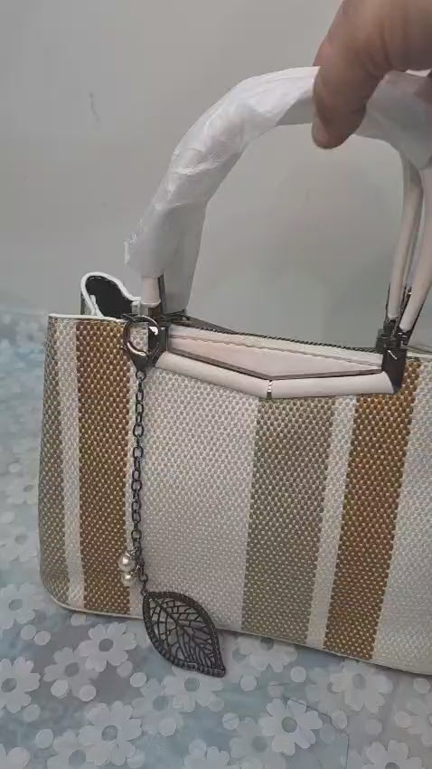 Striped Woven Tote Bag with Leaf Charm