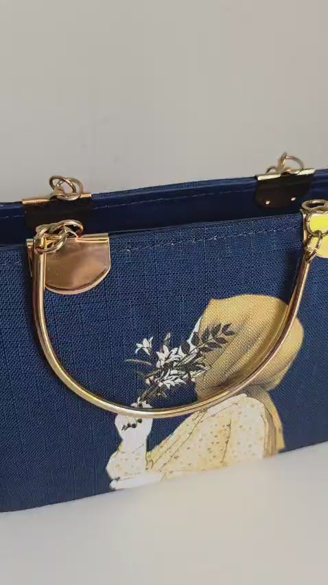 ucibella Artistic blue Canvas Handbag with Gold Hardware