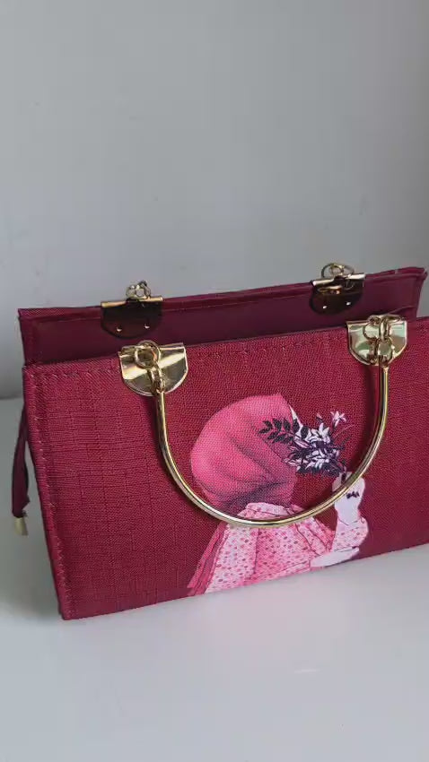 Lucibella Artistic red Canvas Handbag with Gold Hardware