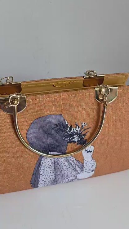 Lucibella Artistic orange Canvas Handbag with Gold Hardware