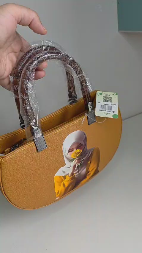 Mustard Leather Handbag with Portrait Art Print