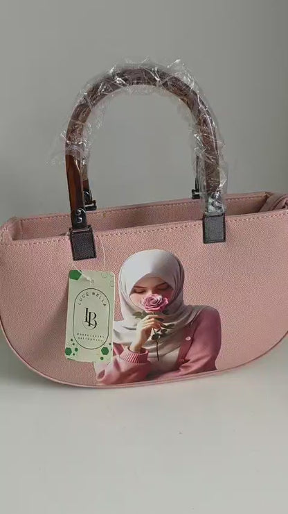 pink Leather Handbag with Portrait Art Print