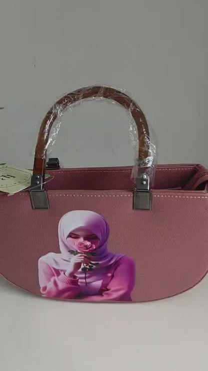 Dark Pink Leather Handbag with Portrait Art Print