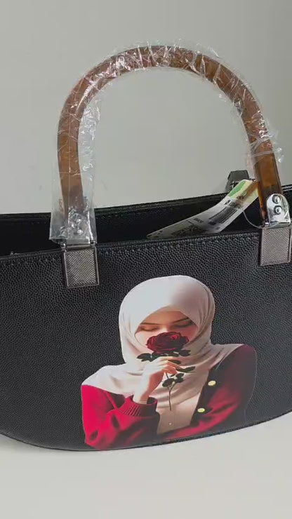 Black Canvas Handbag with Portrait Art Print