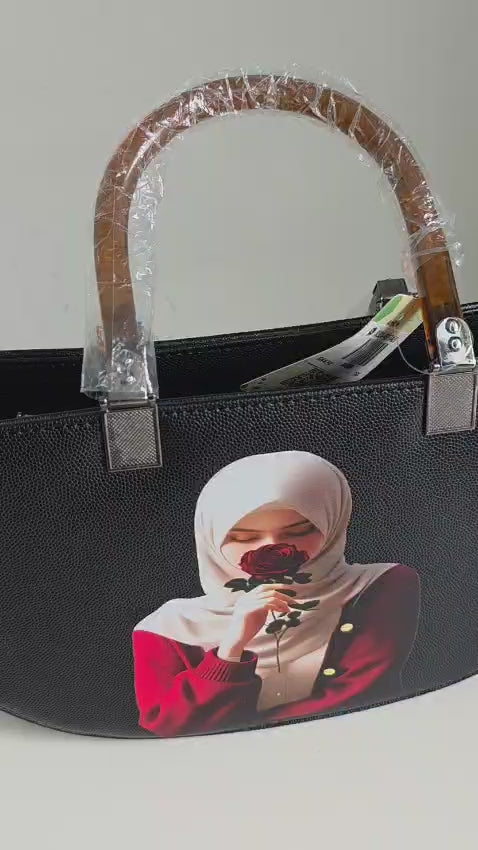 Black Canvas Handbag with Portrait Art Print